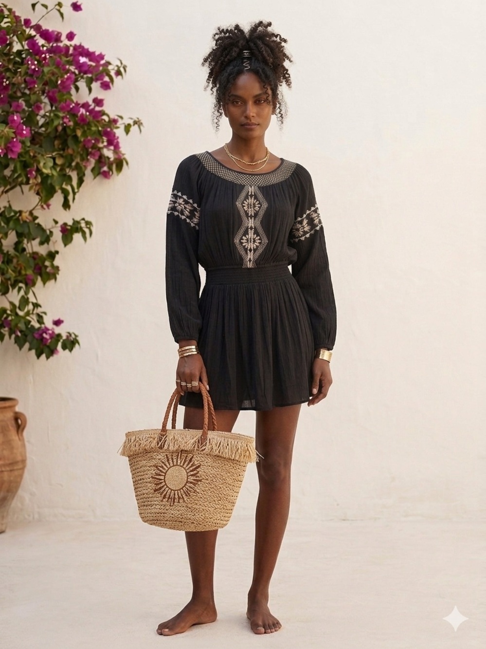 Rip Curl Black Embroidered Gauze Long Sleeve Boho Mini Dress
